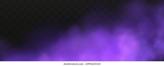 Scary mystical  violet fog in night Halloween. Purple poisonous gas, dust and smoke effect.Realistic neon magic mist steam on a transparent dark background.