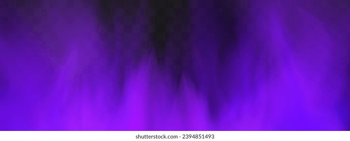 Scary mystical  violet fog in night Halloween. Purple poisonous gas, dust and smoke effect.Realistic neon magic mist steam on a transparent dark background.