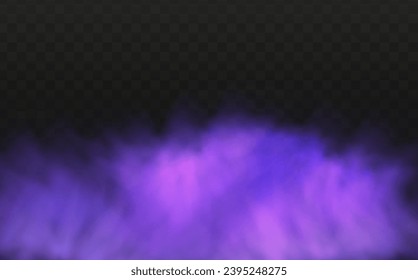 Scary mystical  violet fog in night Halloween. Purple poisonous gas, dust and smoke effect.Realistic neon magic mist steam on a transparent dark background.
