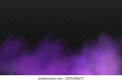 Scary mystical  violet fog in night Halloween. Purple poisonous gas, dust and smoke effect.Realistic neon magic mist steam on a transparent dark background.
