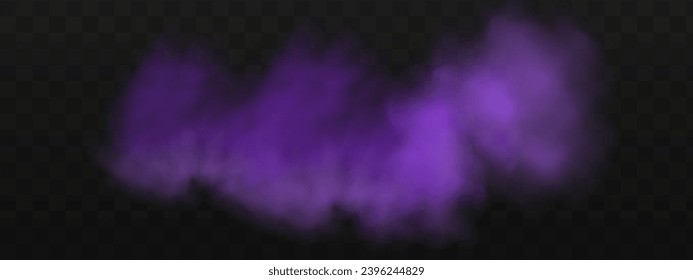 Scary mystical  violet fog in night Halloween. Purple poisonous gas, dust and smoke effect.Realistic neon magic mist steam on a transparent dark background.