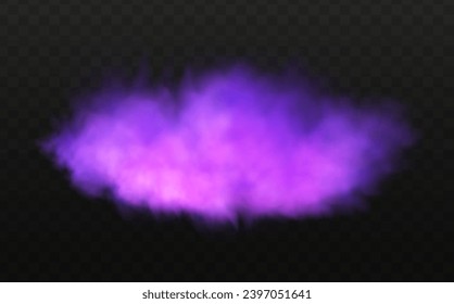 Scary mystical  violet fog in night Halloween. Purple poisonous gas, dust and smoke effect.Realistic neon magic mist steam on a transparent dark background.