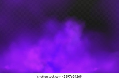 Scary mystical  violet fog in night Halloween. Purple poisonous gas, dust and smoke effect.Realistic neon magic mist steam on a transparent dark background.