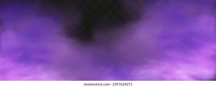 Temerosa niebla mística violeta en la noche de Halloween. Gas venenoso púrpura, polvo y efecto humo. Magia neón realista vapor en un fondo oscuro transparente.