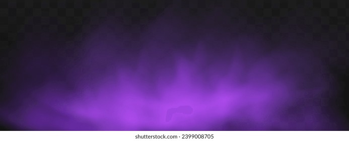 Scary mystical  violet fog in night Halloween. Purple poisonous gas, dust and smoke effect.Realistic neon magic mist steam on a transparent dark background.
