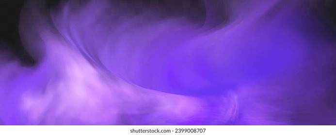 Scary mystical  violet fog in night Halloween. Purple poisonous gas, dust and smoke effect.Realistic neon magic mist steam on a transparent dark background.