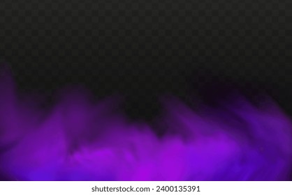 Scary mystical  violet fog in night Halloween. Purple poisonous gas, dust and smoke effect.Realistic neon magic mist steam on a transparent dark background.
