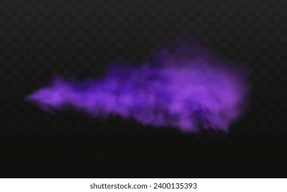 Scary mystical  violet fog in night Halloween. Purple poisonous gas, dust and smoke effect.Realistic neon magic mist steam on a transparent dark background.