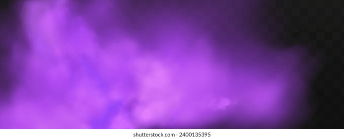 Scary mystical  violet fog in night Halloween. Purple poisonous gas, dust and smoke effect.Realistic neon magic mist steam on a transparent dark background.