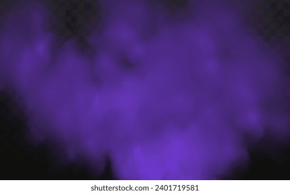 Scary mystical  violet fog in night Halloween. Purple poisonous gas, dust and smoke effect.Realistic neon magic mist steam on a transparent dark background.