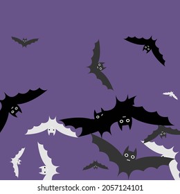 Scary Night Attack Gothic Halloween Art Illustration. Spooky Eyes Print Black Retro Bats Vector Background. Colorful White Motion Creepy Flying Bats Art Pattern. Violet Grey Sky Purple Wallpaper.