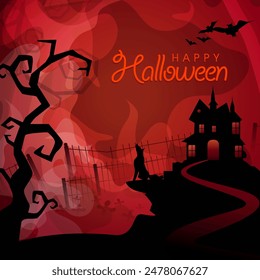 Scary night background with haunted house and screaming fox for Happy Halloween Party celebration.