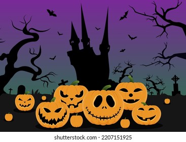 Scary night castle and cemetery with halloween pumpkins