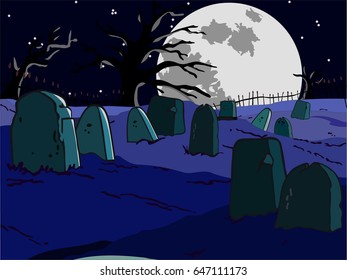 scary night cemetery with full moon