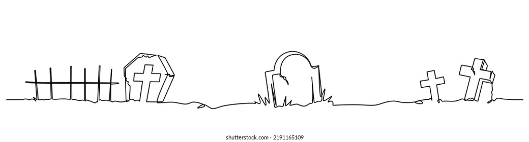 scary night cemetery with tombstone and religious cross in continuous line drawing style. seamless pattern vector illustration for background