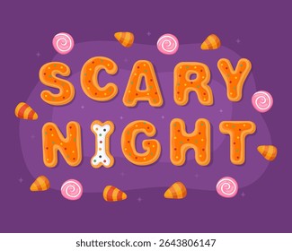 Noite assustadora. Cartão comemorativo de Halloween, pão de gengibre de halloween laranja em um fundo roxo. Doces de Halloween, doces de milho, biscoitos em forma de letras