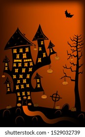 Scary night halloween landscape with house, trees, pumplins, graveyard, black cat and flying bats. Black, orange and yellow.