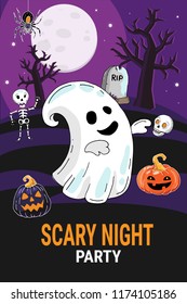 Scary Night - Halloween scene with ghost character, skeleton, pumpkin lanterns, skull. Vector illustration for cards, posters, invitations, flyers