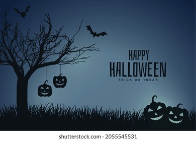 scary night halloween scene with pumpkin and tree