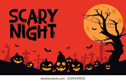 scary Night illustration with red sky, grave, pumpkin and a full moon. Perfect for Halloween posters and banners.