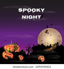 Scary night.Scary background, vector illustration. Pumpkins, bats, witch, inscription