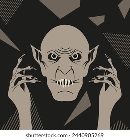 Scary Nosferatu Vampire head on trendy Geometric background. Halloween concept. Vector illustration can used greeting card poster banner design. EPS 10