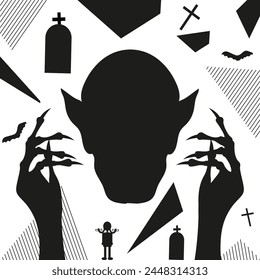 Scary Nosferatu Vampire silhouette on trendy Geometric background. Halloween concept. Vector illustration can used greeting card poster banner design. Creepy design t-shirt print. EPS 10