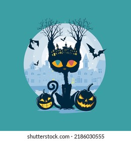 Scary Odd eyed Cat with tree ears along with House, bats and pumpkins 