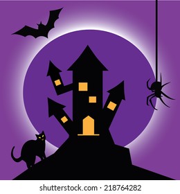 Scary old castle on Halloween with bat, spider and cat
