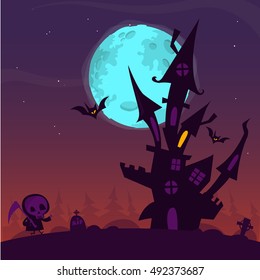 Scary old ghost haunted house with cemetery and walking death. Halloween card or poster. Vector cartoon illustration