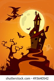 Scary old ghost haunted house. Halloween card or poster. Vector illustration