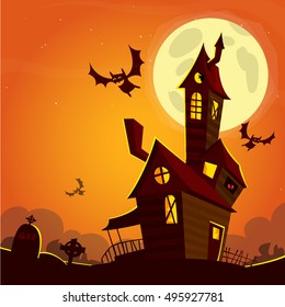 Scary old ghost haunted house. Halloween card or poster. Vector illustration