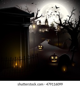 Scary old graveyard and church in the woods - Halloween background