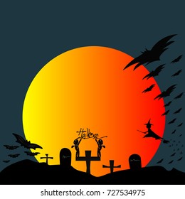 Scary old graveyard, dancing mummies, vampire and flying witch with orange bloody moon background.