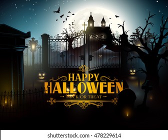 Scary old graveyard and farm at night - Halloween background