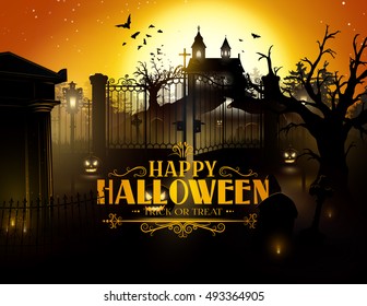 Scary old graveyard and farm at sunset - Halloween background