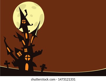 Scary old haunted castle with ghosts. Halloween cartoon background illustration. Poster or invitation placard design for Halloween party