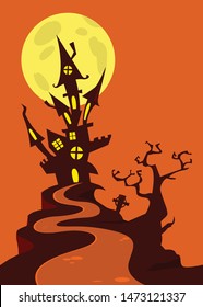Scary old  haunted castle on the hill with full moon behind. Halloween background illustration
