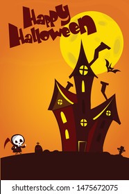 Scary old haunted house with ghosts. Halloween cartoon background illustration. Poster or invitation placard design for Halloween party