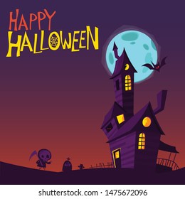 Scary old haunted house with ghosts. Halloween cartoon background illustration. Poster or invitation placard design for Halloween party