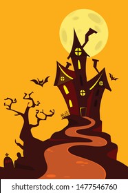 Scary old haunted house with ghosts. Halloween cartoon background illustration. Poster or invitation placard design for Halloween party