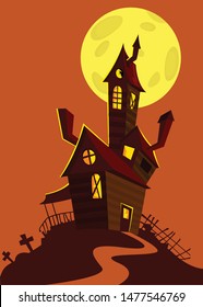 Scary old haunted house with ghosts. Halloween cartoon background illustration. Poster or invitation placard design for Halloween party