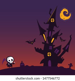 Scary old haunted house with ghosts. Halloween cartoon background illustration with castle and cute death skeleton character