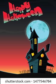 Scary old haunted house with ghosts. Halloween cartoon background illustration. Poster or invitation placard design for Halloween party