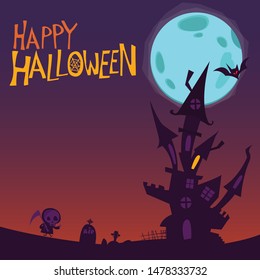 Scary old haunted house with ghosts. Halloween cartoon background illustration. Poster or invitation placard design for Halloween party