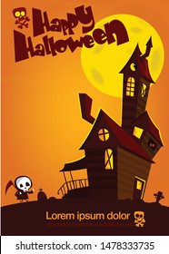 Scary old haunted house with ghosts. Halloween cartoon background illustration. Poster or invitation placard design for Halloween party