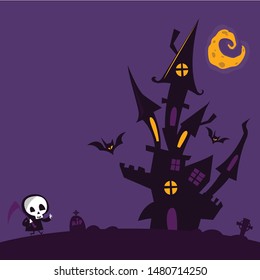 Scary old haunted house. Halloween cartoon background illustration with house and cute death skeleton character