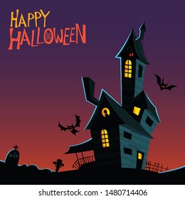 Scary old haunted house. Halloween cartoon background illustration