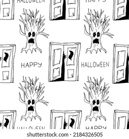 Scary old tree with eyes and mouth and open door with monster and inscription Happy Halloween. Pattern of door from a horror movie. Horror halloween background. Halloween concept.