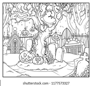 Scary old tree with tied pumpkins in an old abandoned cemetery with crypts linear drawing for coloring isolated on white background